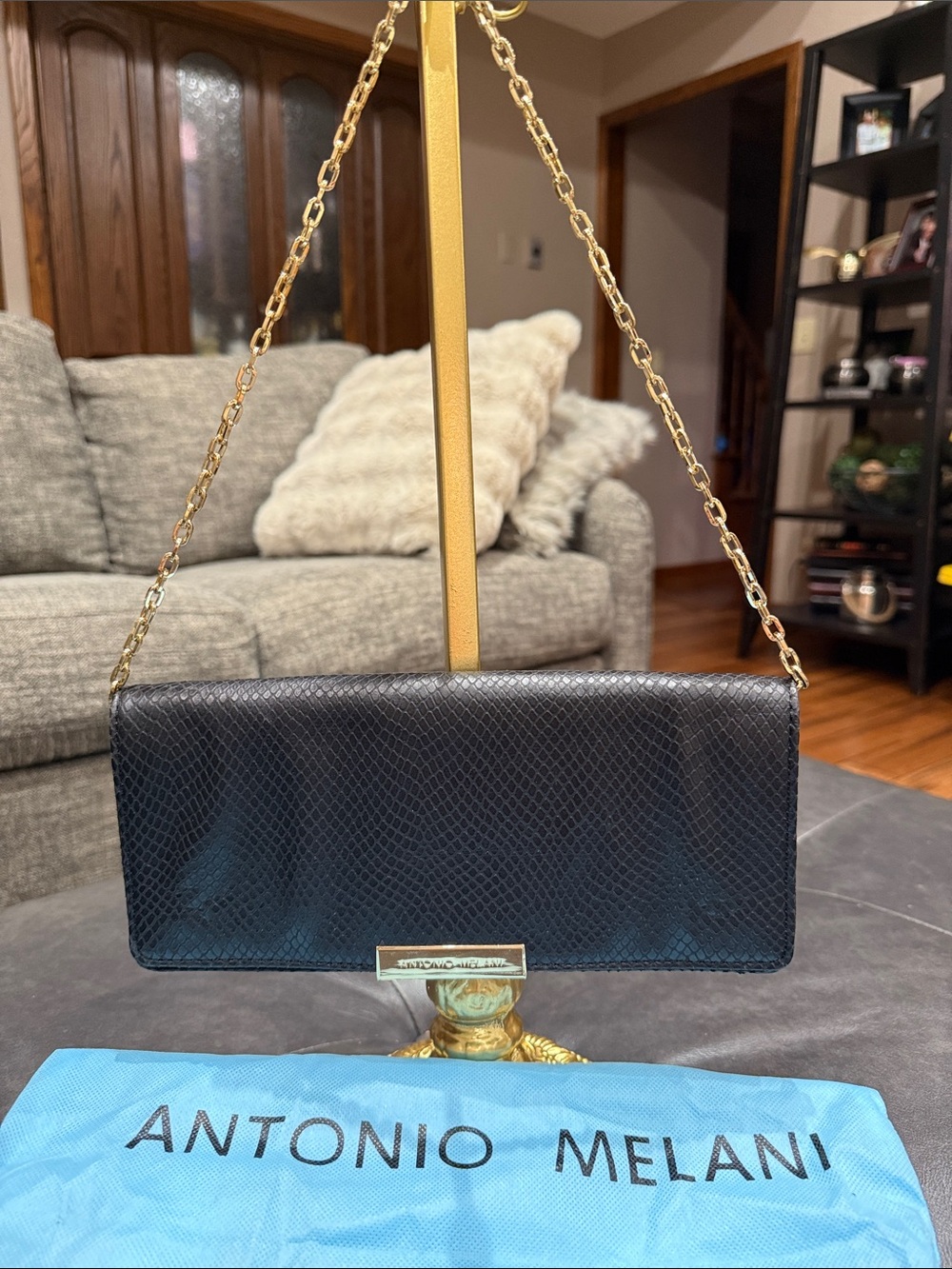 ANTONIO MELANI Black Snakeskin Embossed Faux Leather Clutch with Gold Chain